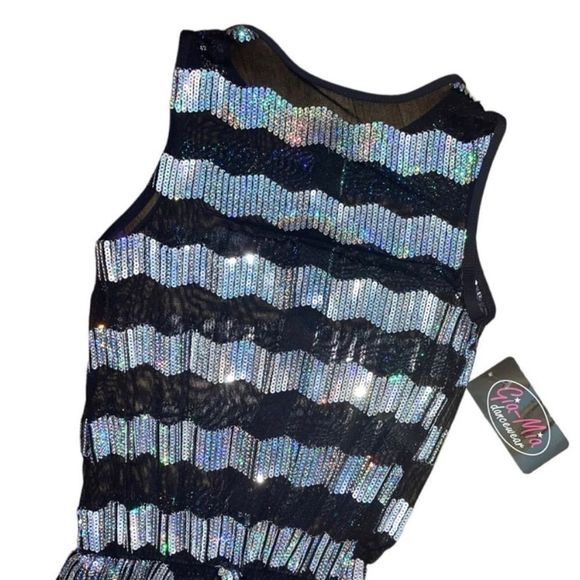 Gia mia ADULT SMALL SILVER SEQUINED STRIPED MESH PERFORMANCE DANCE JUMPER • BNWT - Picture 6 of 12